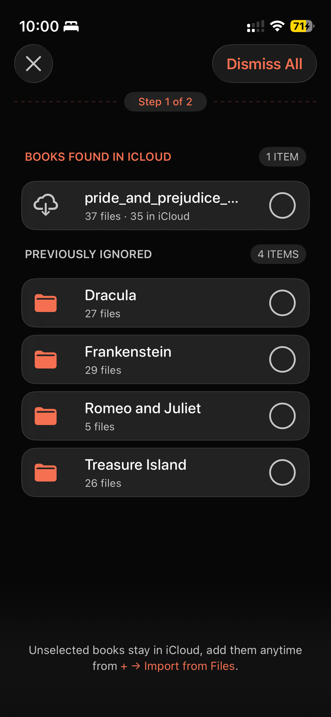 Wave Books Import screen listing sources such as Files, iCloud Drive, AirDrop, and self-hosted servers.