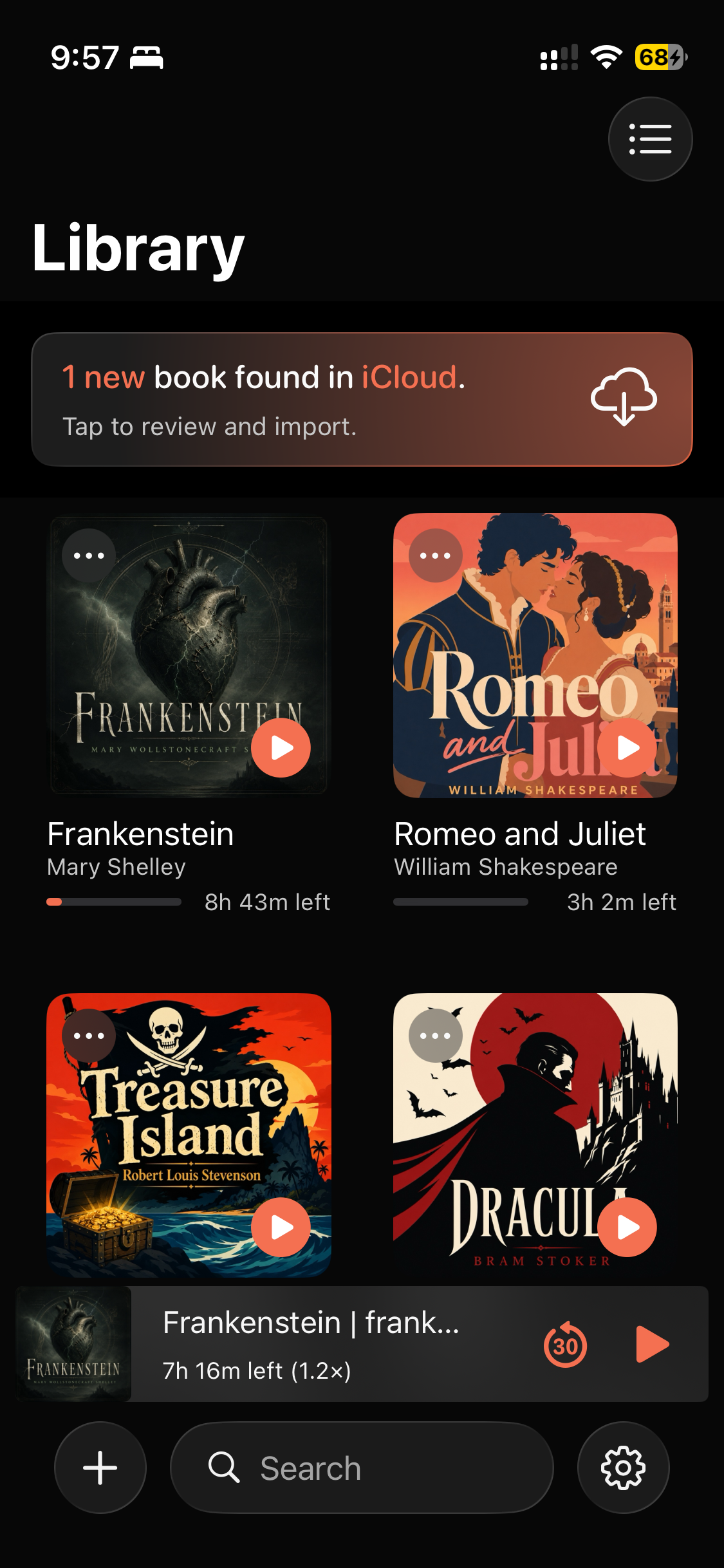 Wave Books Library screen showing a personal collection of audiobooks with cover art and remaining listening time.
