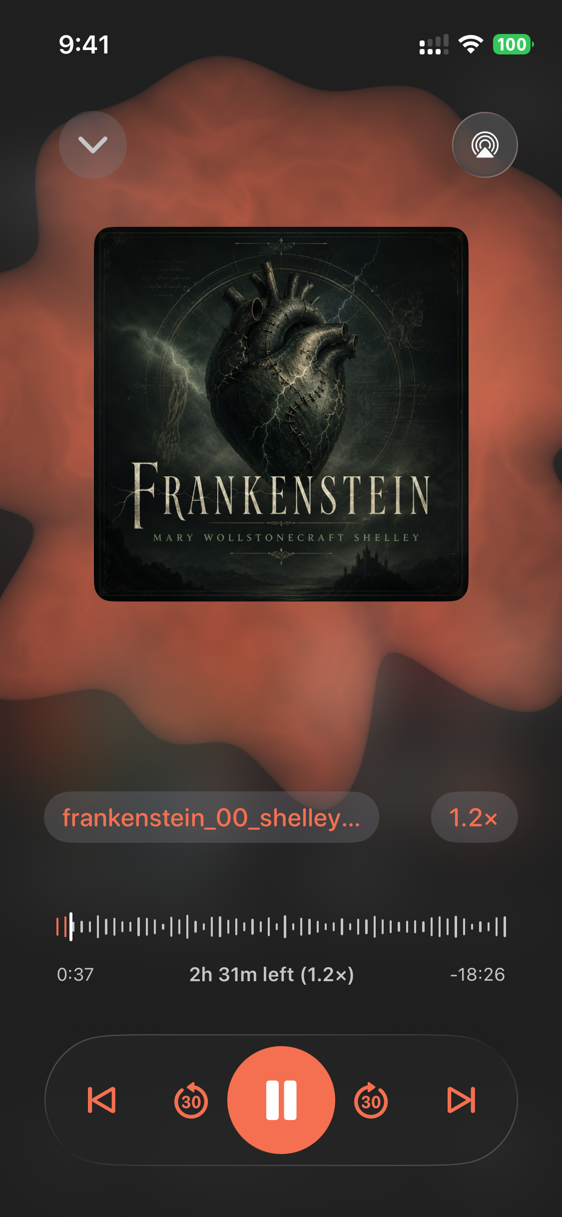 Wave Books Now Playing screen with chapter title, progress scrubber, and playback controls.